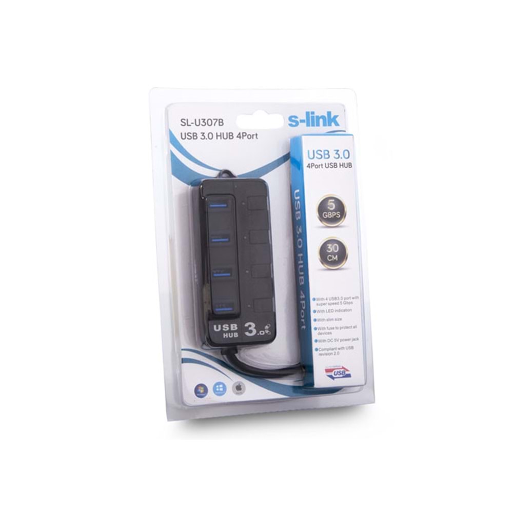 S-link SL-U307B 4 Port USB 3.0 Açma Kapama Düğmeli Siyah USB Hub