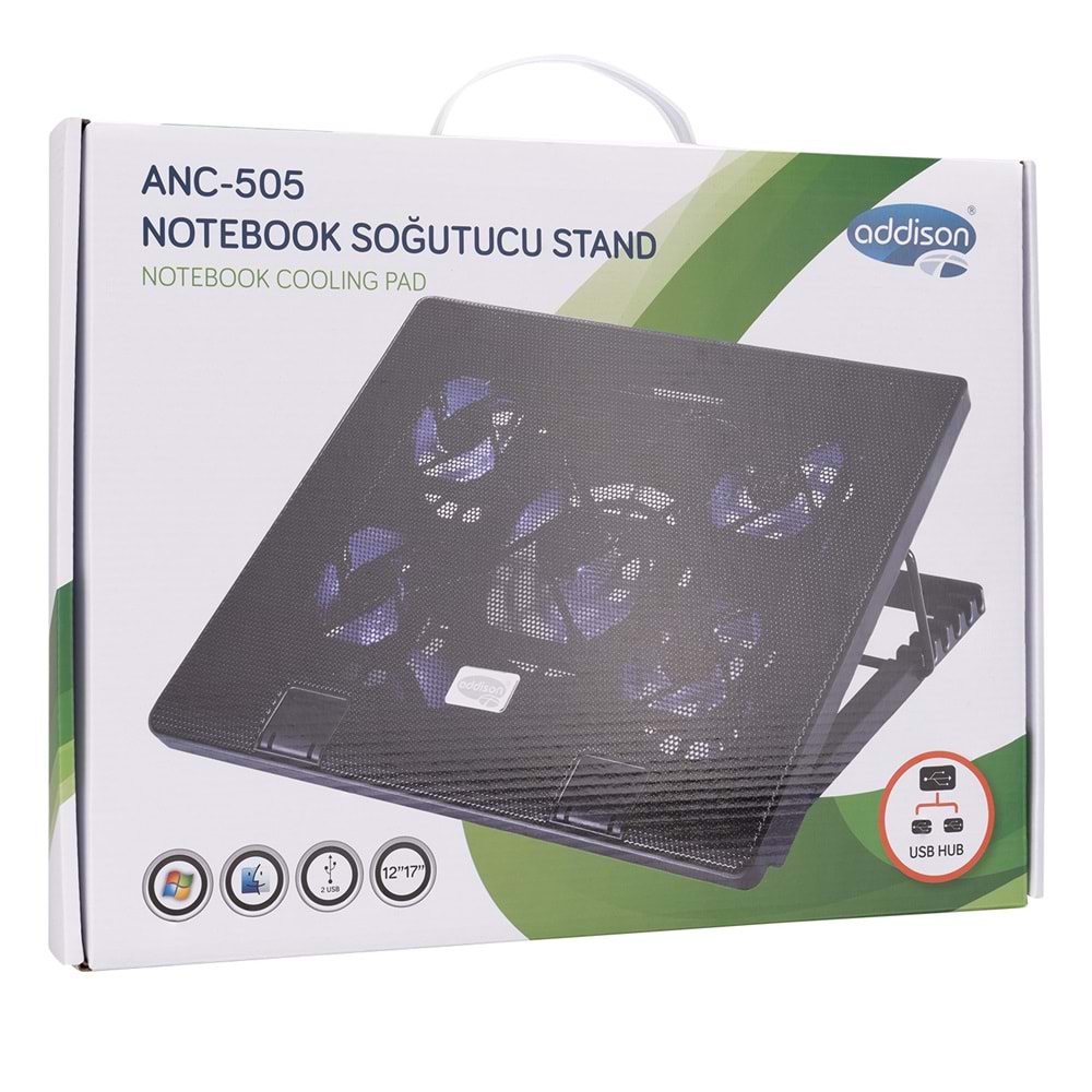 Addison ANC-505 5*Mavi Led Fan 2*Usb 6 Farklı Kademe Ayarı 15-17 Notebook Soğutucu Stand