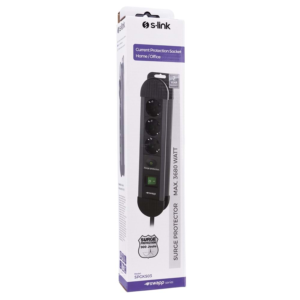 S-link SPGKS03 1.5M 3'lü 900 Joule Akım Korumalı Gri Grup Priz