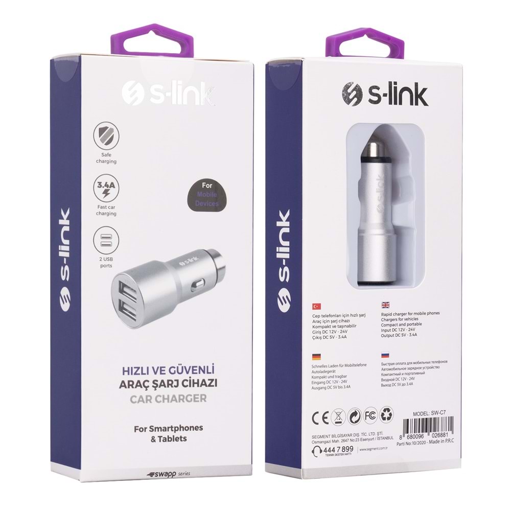 S-link Swapp SW-C7 5V 3.1A Çift Usb Silver Araç Şarj Cihazı