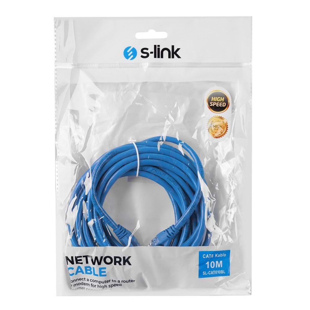 S-link SL-CAT610BL 10m Mavi CAT6 Kablo,Gigabit Cat6 internet Kablosu