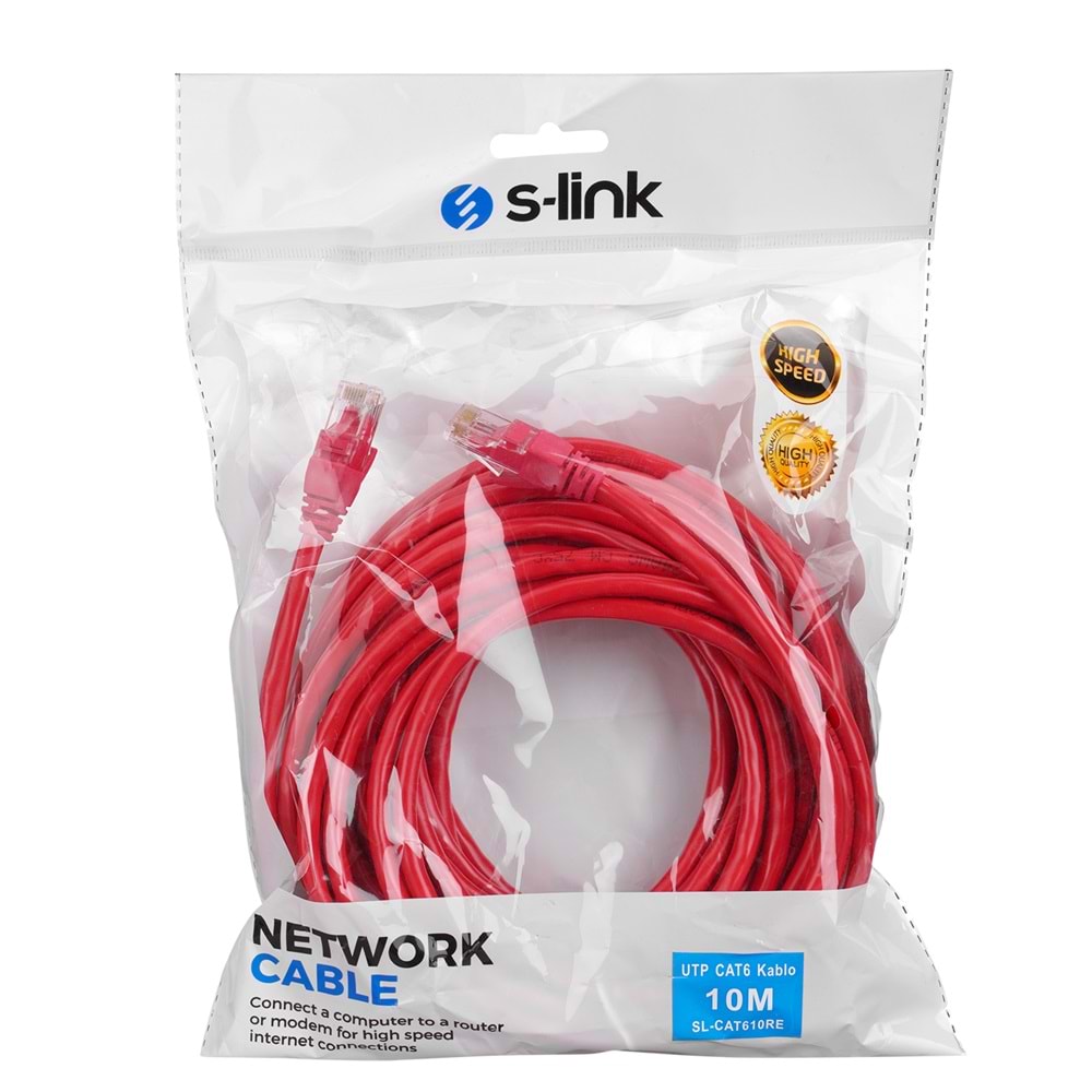 S-link SL-CAT610RE 10m Kırmızı CAT6 Kablo, Gigabit Ethernet Kablosu