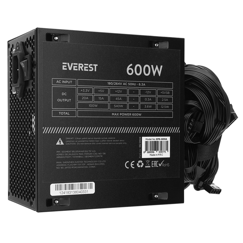Everest EPS-600A PEAK 600W 12cm Fan 4*SATA Aktif PFC Oyuncu PC Destekli Power Supply Outlet