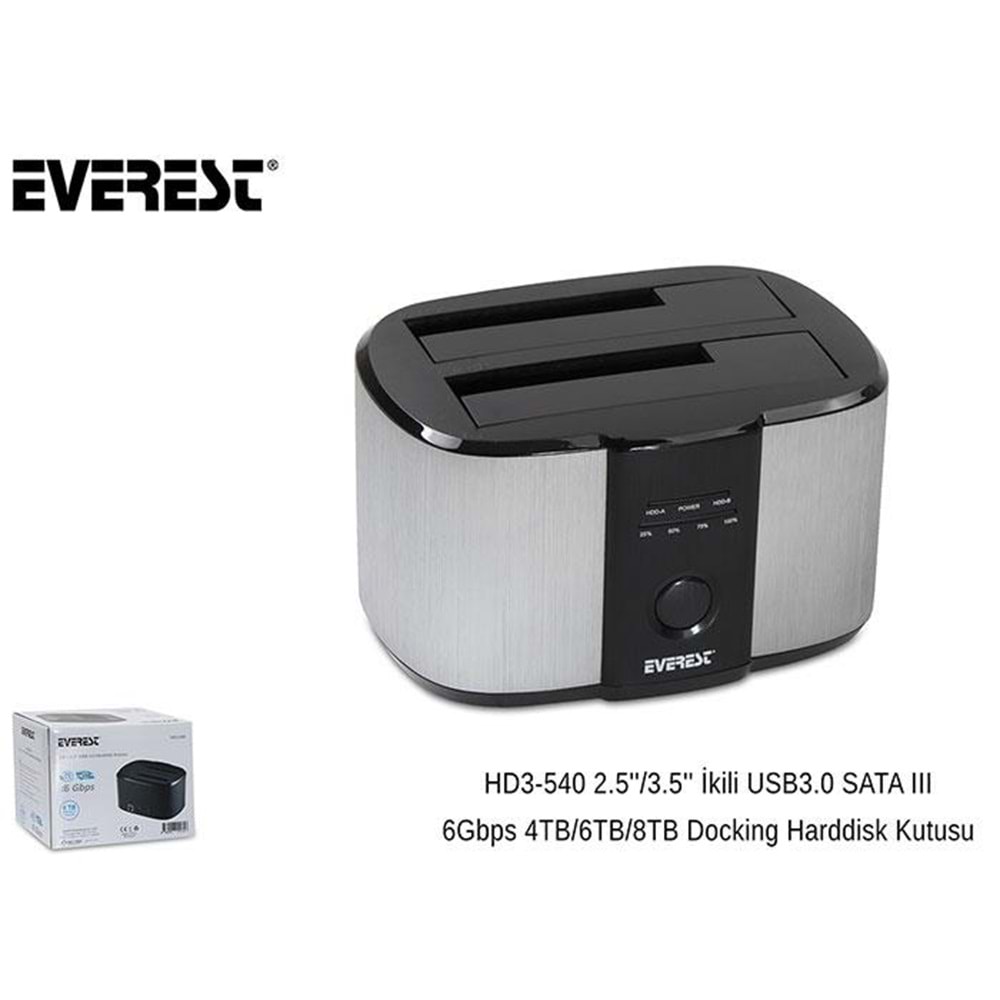 Everest HD3-540 2.5/3.5 İkili USB3.0 SATA III 6Gbps 4TB/6TB/8TB Clone Docking Harddisk Kutusu