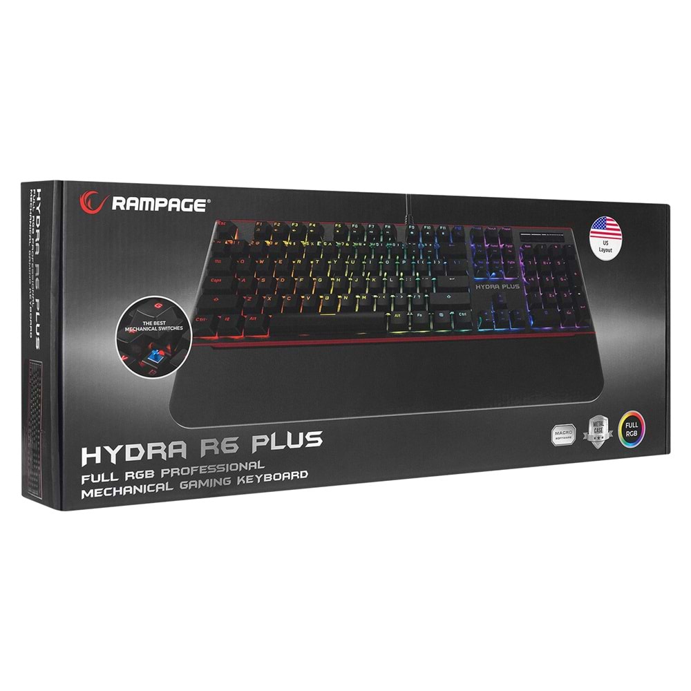 Rampage HYDRA R6 PLUS Küçük Enter TÜRKÇE Full RGB Usb + Audio Portlu Aluminyum Kaplama Mavi Switch Gaming Mekanik Klavye (Kutu Hasarlı OUTLET)