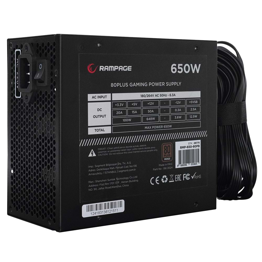 Rampage RMP-650-80PB 650W 14cm Siyah Fan 80 Plus Bronze Aktif PFC Power Supply