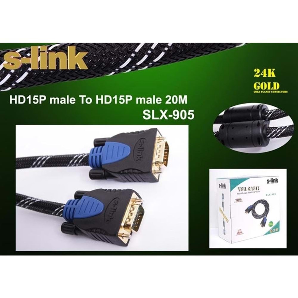 S-link SLX-905 VGA M/M 15P 20m Gold Monitör Kablosu