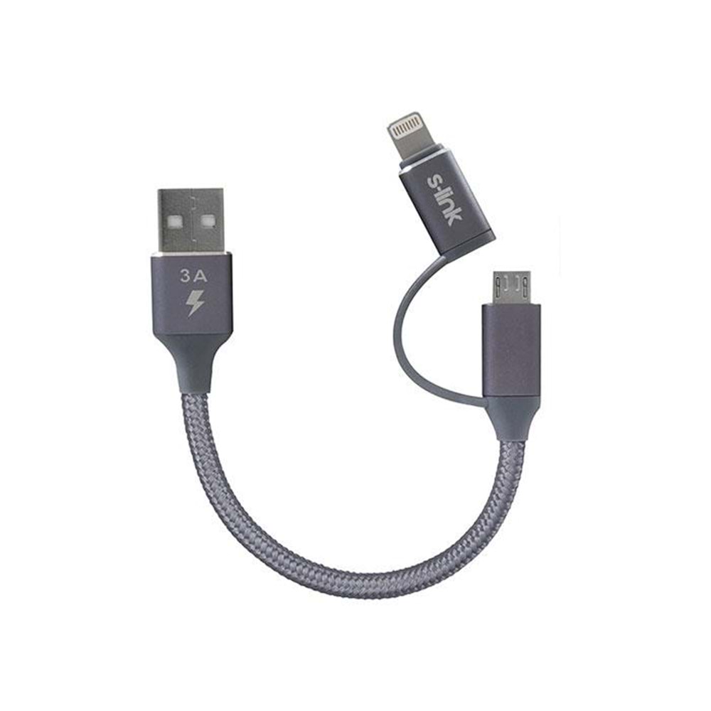 S-link Swapp SW-C220 15cm USB Micro/İPhone Kılıflı Metal Gri 2 in 1 Flat Cable
