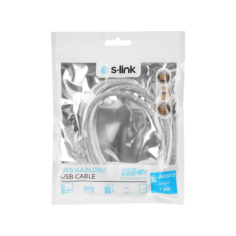 S-link SL-AF2015 USB 2.0 1.5 Metre Şeffaf USB Uzatma Kablosu