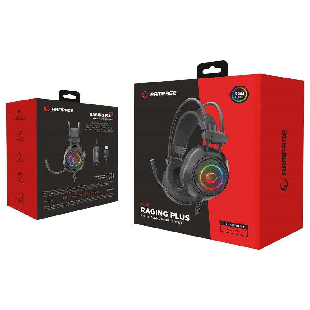 Rampage RM-K19 RAGING PLUS Siyah USB 7.1 Surround RGB Ledli Gaming Oyuncu Mikrofonlu Kulaklık