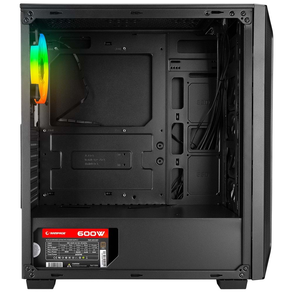 Rampage SAILOR Temperli Camlı 600W 80+ BRONZE Siyah 4*12cm Rainbow Fanlı ATX Mid-T Gaming Oyuncu Kasası