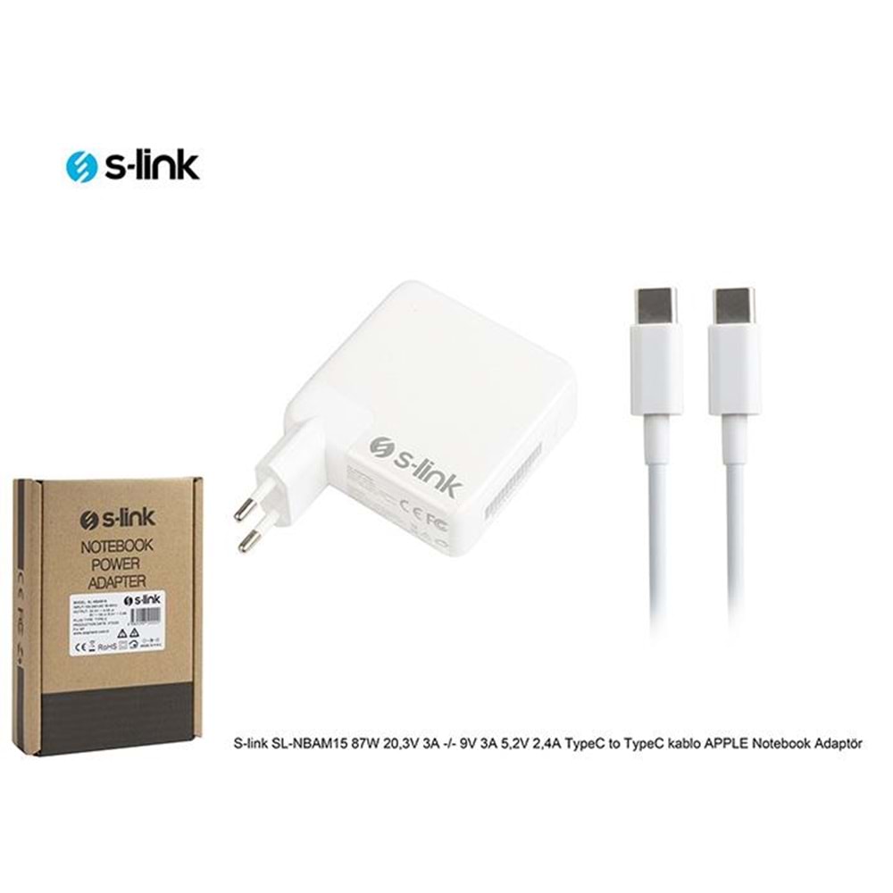 S-link SL-NBAM15 87W 20,3V 3A -/- 9V 3A 5,2V 2,4A TypeC to TypeC kablo APPLE Notebook Adaptör