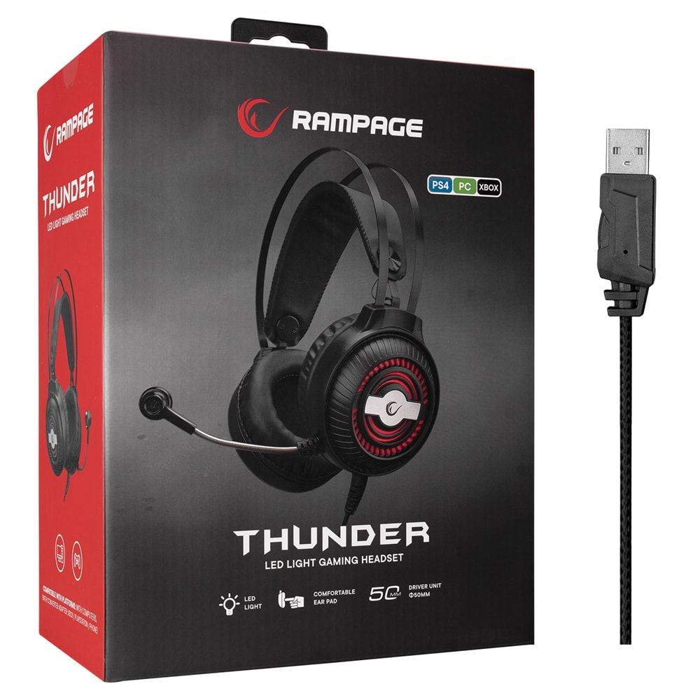Rampage RM-K29 THUNDER Siyah 3.5mm + USB Mikrofonlu LED Oyuncu Kulaklığı