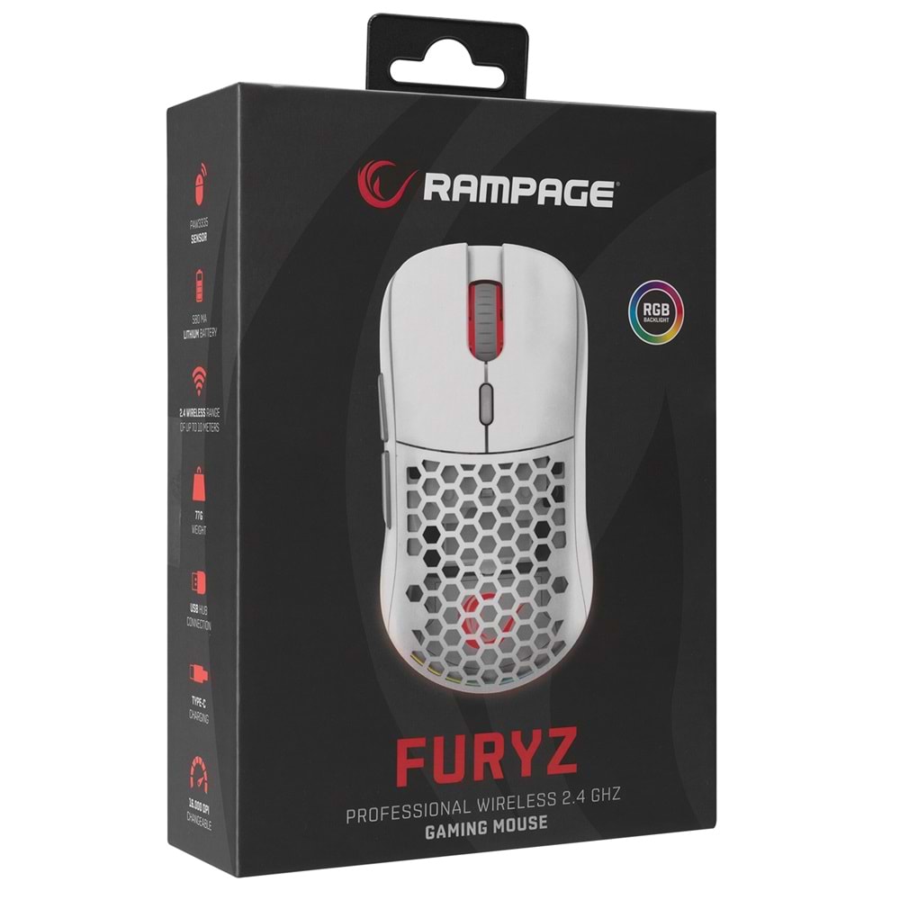 Rampage FURYZ 16000 DPI 1ms 3335 Sensör Kablosuz RGB Gaming Mouse Beyaz