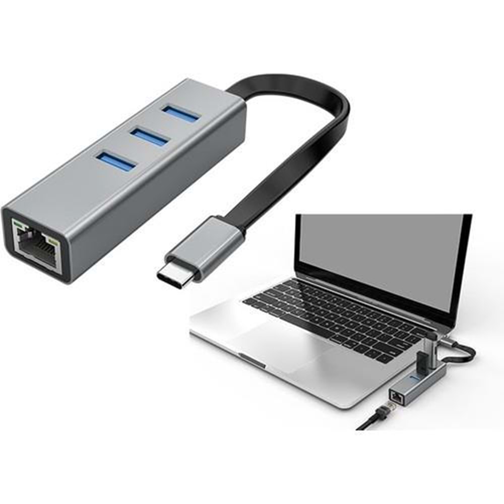 S-link Swapp SW-U3325 4 in 1 Gigabit 1000Mphs 3 Port USB 3.0 Ethernet Type C Hub Adaptör