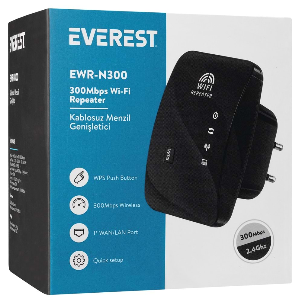 Everest EWR-N300 2.4GHz 300Mbps Repeater + Access Point Wi-Fi Menzil Genişletici