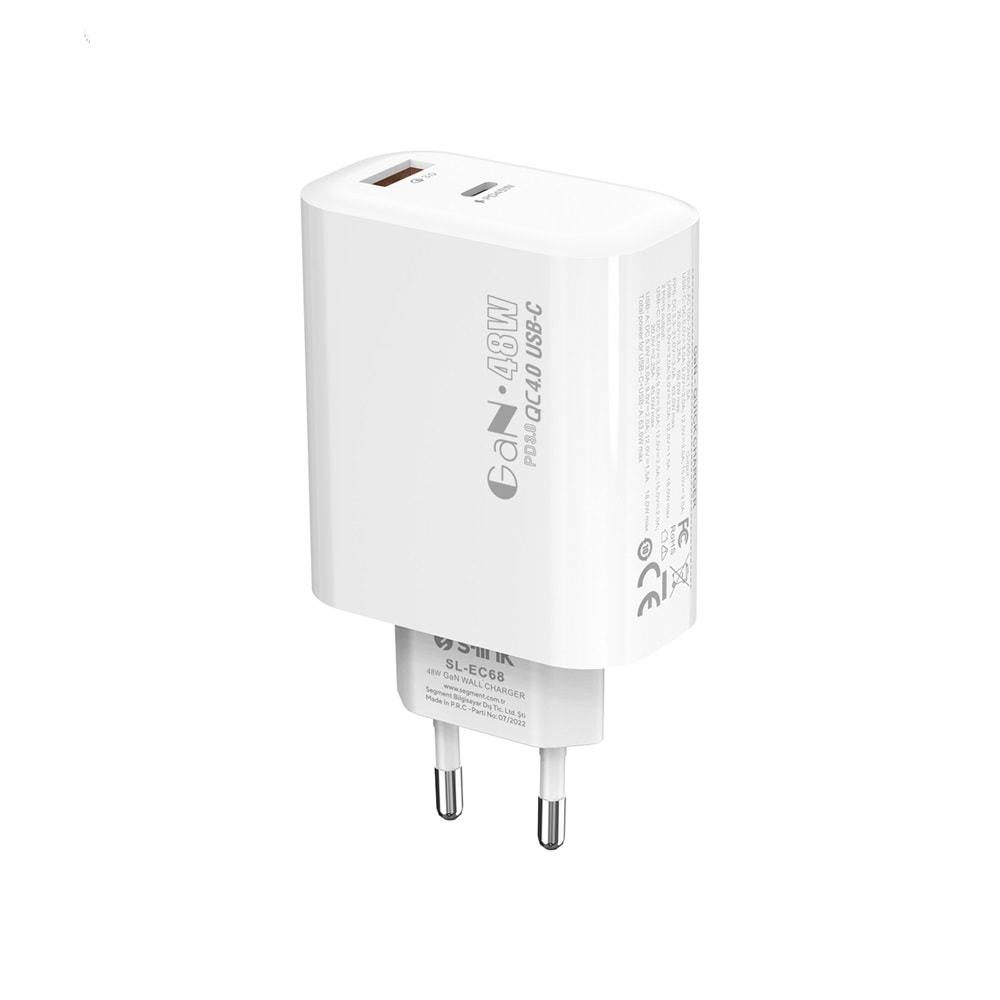 S-link SL-EC68 45W GAN PD 30W / QC 18W Type Type USB-C +USB A Hızlı Beyaz EV/NOTEBOOK Şarj Adaptör