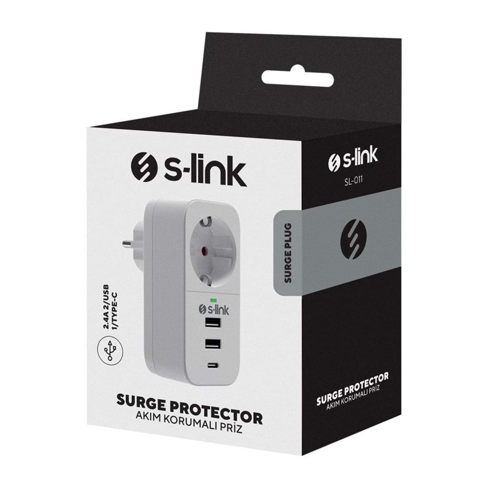 S-link SL-011 16A/250V 750 Joule 2 Usb 1 Type C 5V2.4A Isıya Duyarlı Devre ve Akım Korumalı Tekli Priz