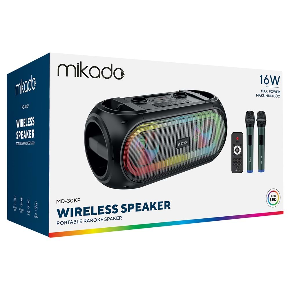 Mikado MD-30KP Rainbow Işıklı Kablosuz Çift Mikrofonlu BT TWS Kolay Taşınabilir Toplantı-Parti Hoparlör Outlet