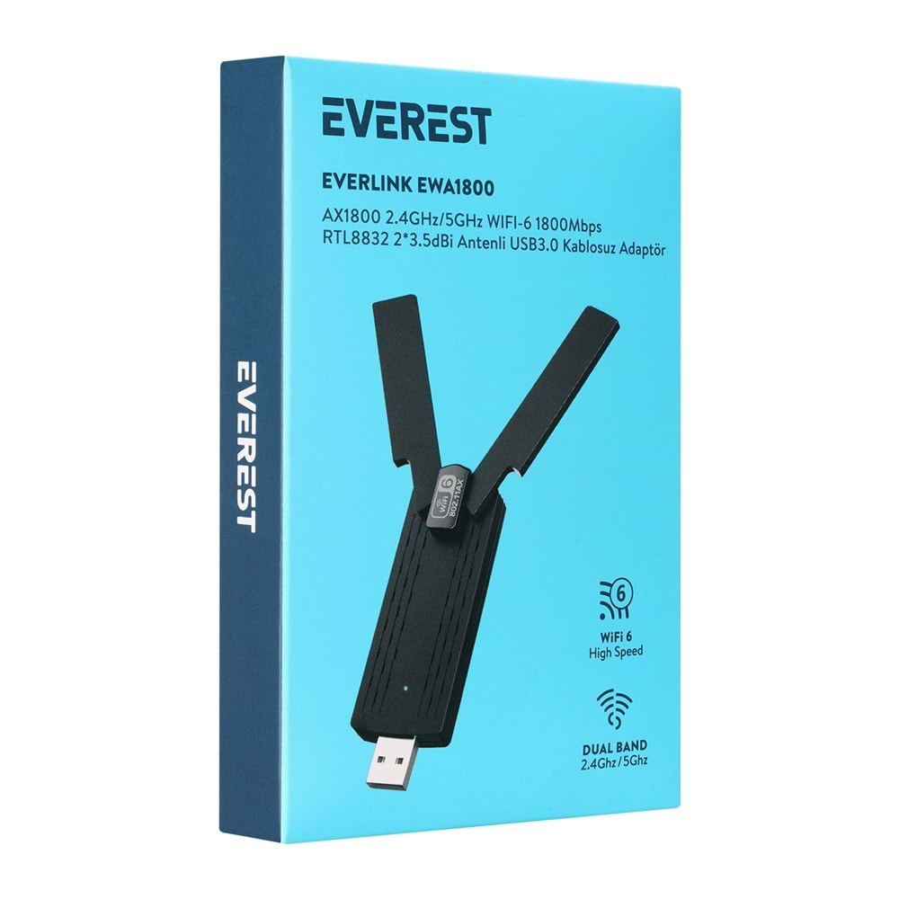 Everest EVERLINK EWA1800 1800Mbps 2.4GHz/5GHz WIFI-6 AX1800 RTL8832 2*3.5dBi USB3.0 Kablosuz Adaptör