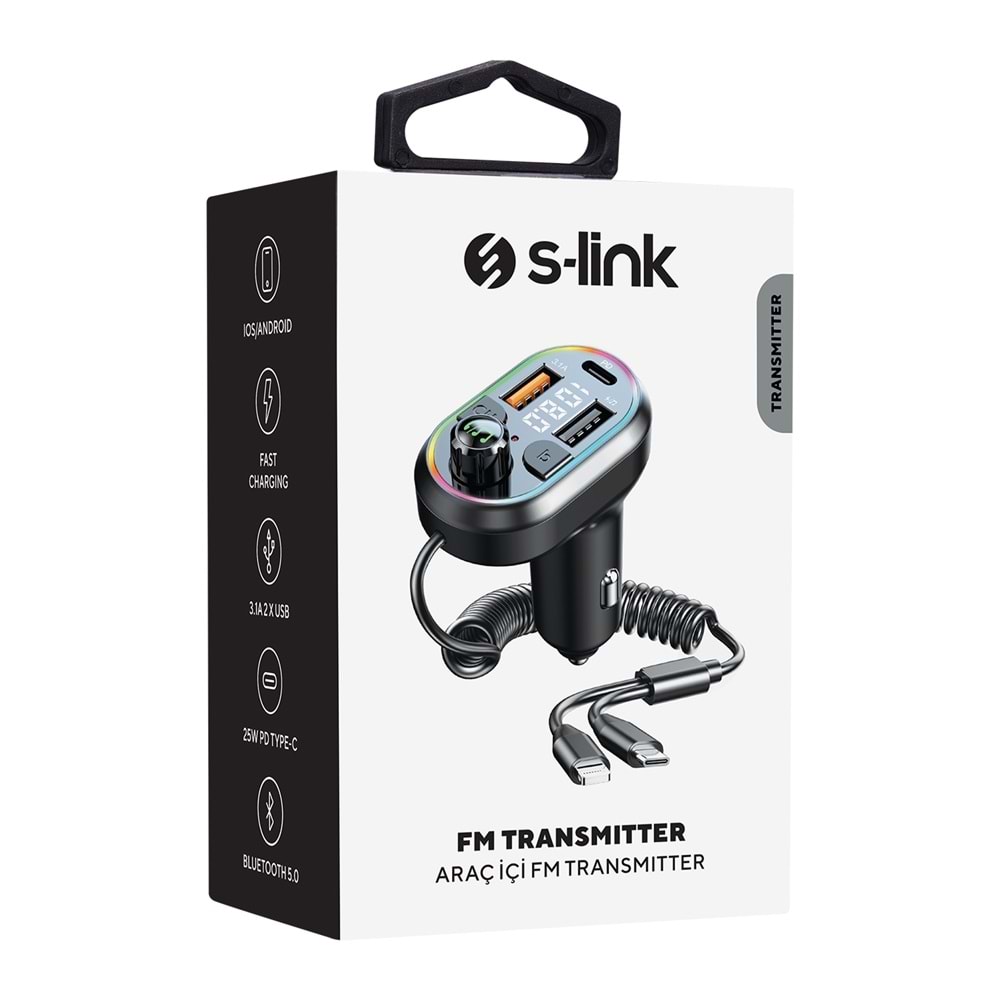 S-link SL-BT307 Çift USB 5V 3.1A/1A Led Işıklı Siyah 2 İn 1 C Port + İphone Bluetooth Fm Transmitter Outlet
