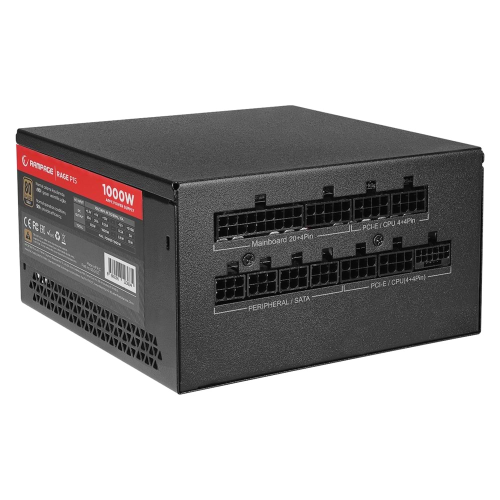 Rampage RAGE P15 1000W 80+ GOLD APFC 14cm HDB Fan FULL-MODULER ATX3.0+PCIe5.0 Siyah Gaming Power Supply Outlet