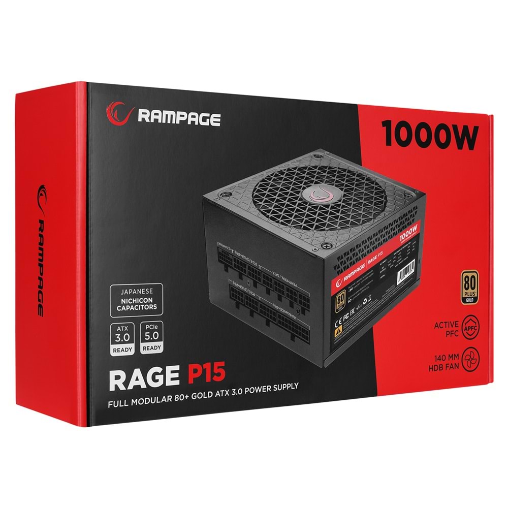 Rampage RAGE P15 1000W 80+ GOLD APFC 14cm HDB Fan FULL-MODULER ATX3.0+PCIe5.0 Siyah Gaming Power Supply Outlet