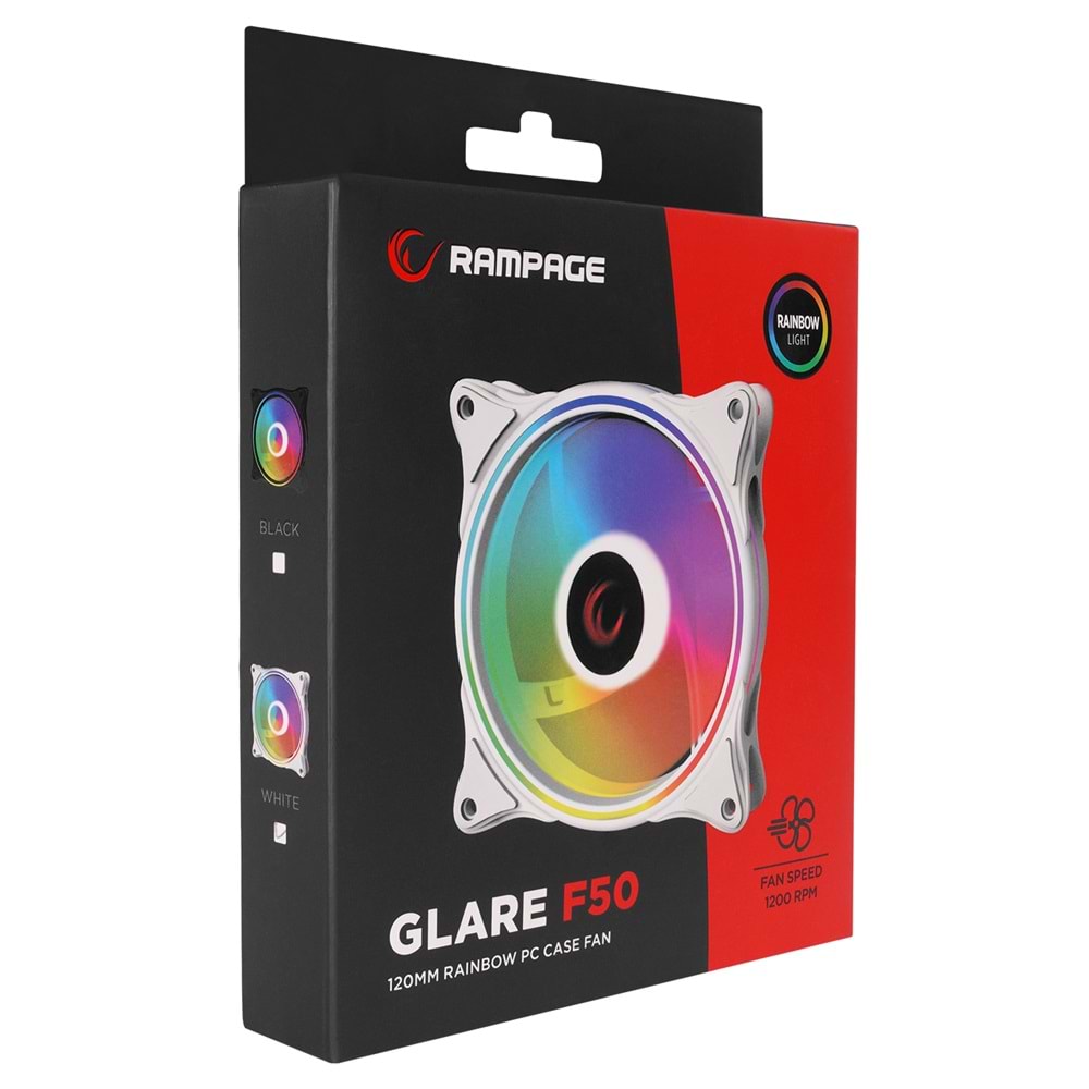 Rampage GLARE F50 38CFM 1200RPM 12cm Rainbow 3P+4P Molex Soketli Beyaz Kasa Fanı