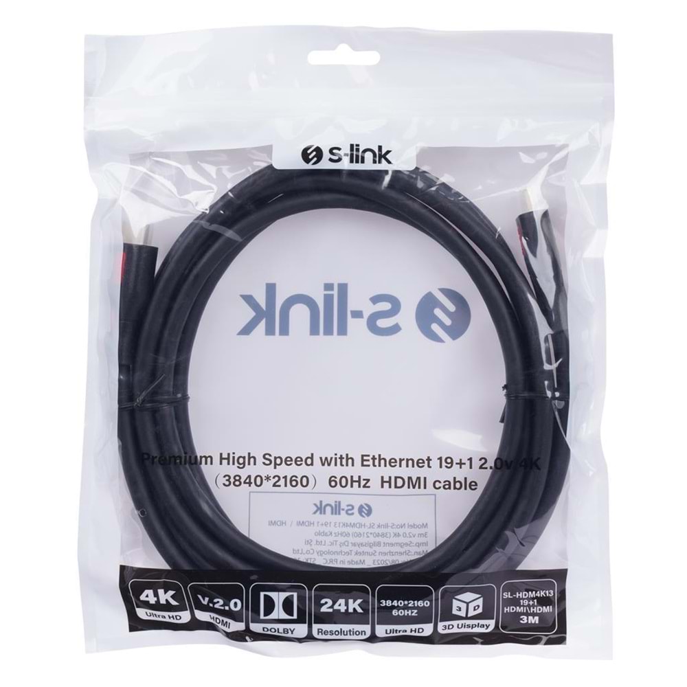 S-link SL-HDM4K13 19+1 HDMI to HDMI 3m v2.0 4K (3840*2160) 60Hz Kablo