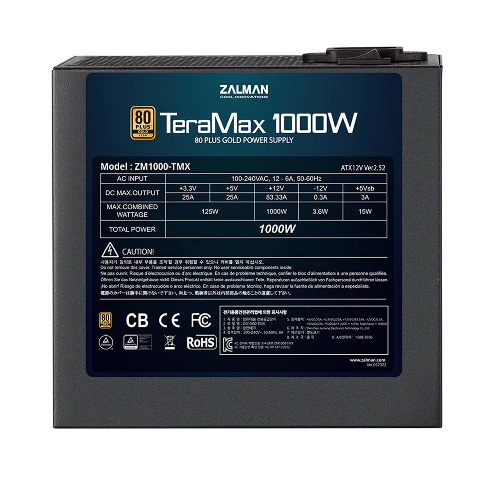 Zalman ZM1000-TMX2 TeraMax2 1000W 80+ Gold ATX3.0 ve PCIe Gen.5 Uyumlu Full-Modüler Power Supply