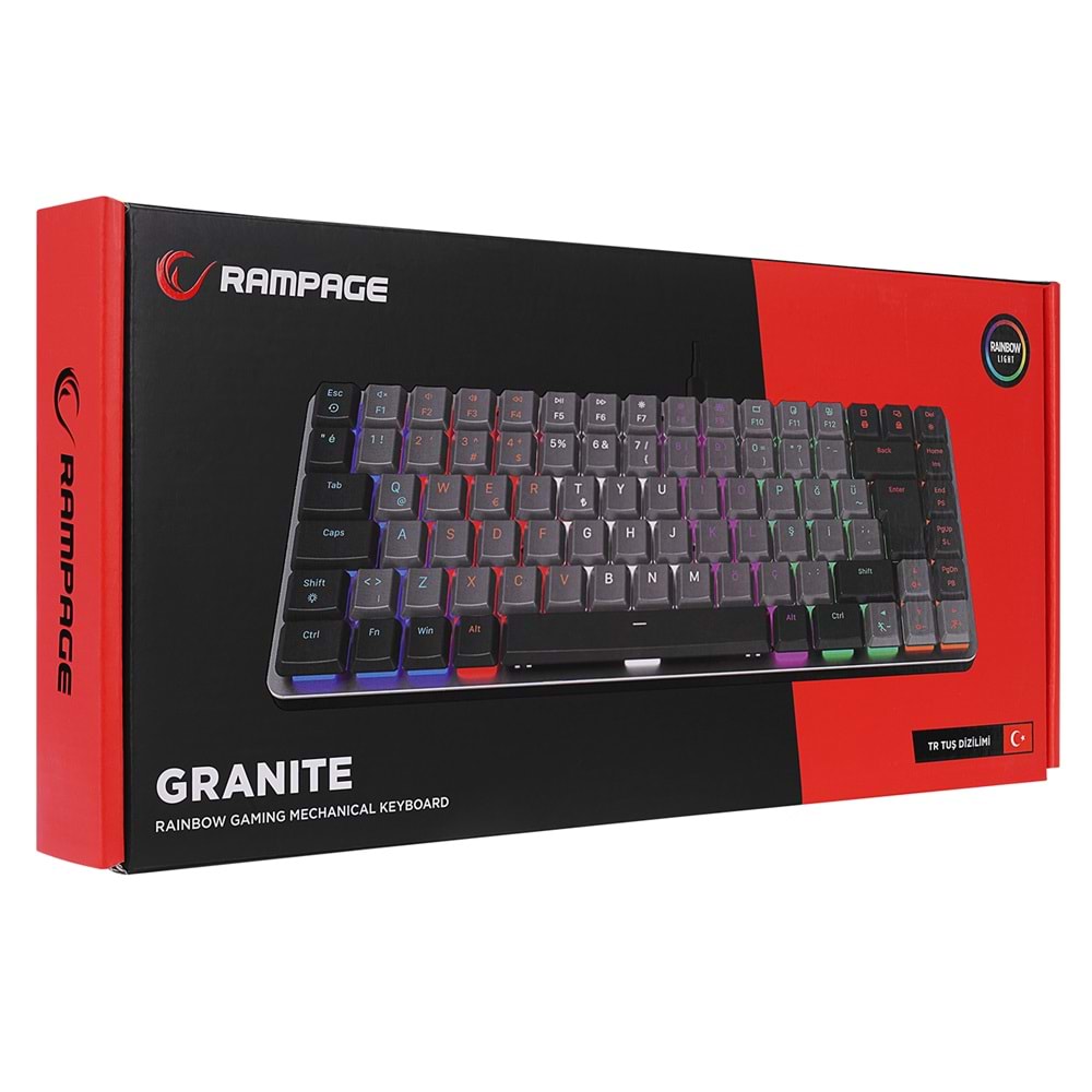 Rampage GRANITE Siyah/Gri Low Profile RED SWITCH Q Rainbow Mekanik Gaming Oyuncu Klavye Outlet