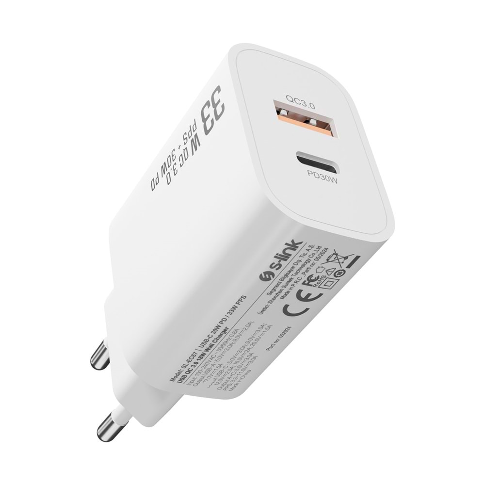 S-link SL-EC67 Type USB-C 30W PD / 33W PPS USB QC 3.0 18W Hızlı Ev Şarj Adaptörü