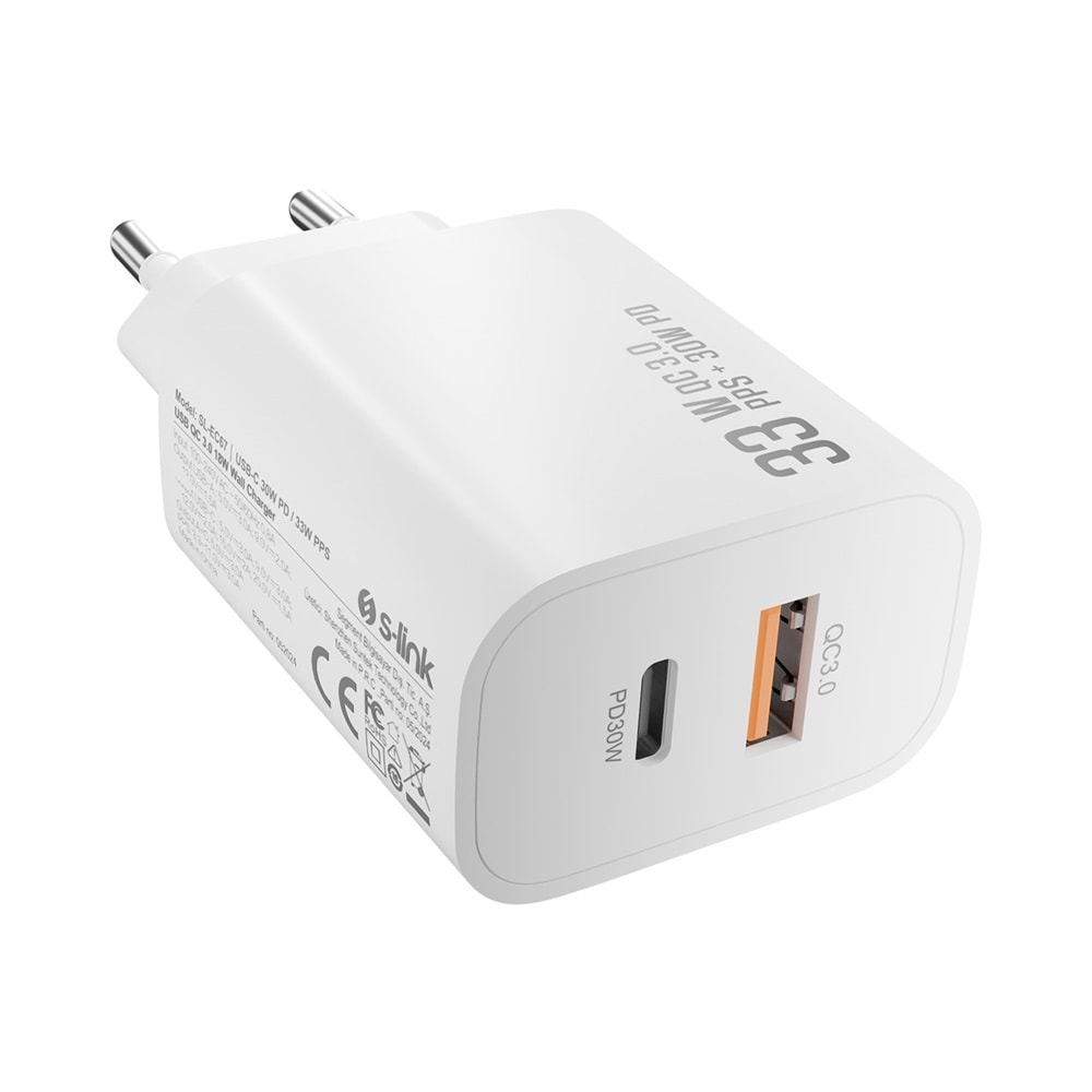 S-link SL-EC67 Type USB-C 30W PD / 33W PPS USB QC 3.0 18W Hızlı Ev Şarj Adaptörü