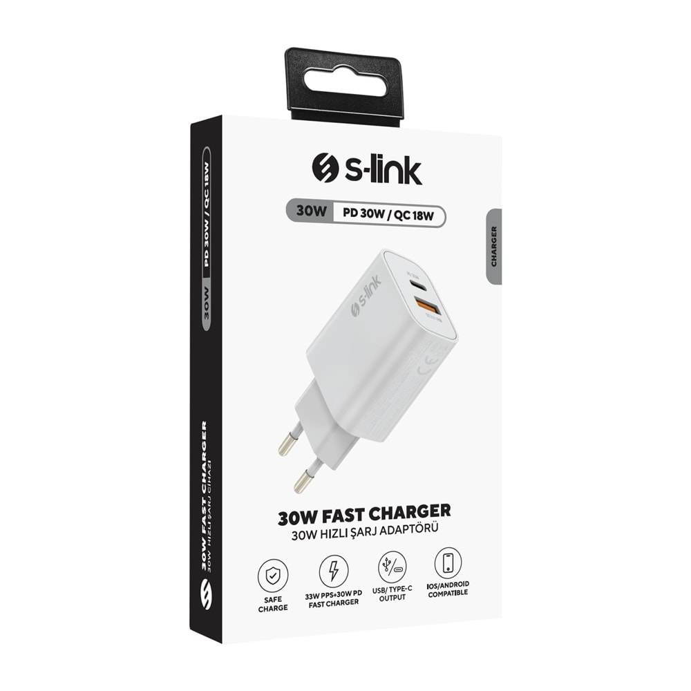S-link SL-EC67 Type USB-C 30W PD / 33W PPS USB QC 3.0 18W Hızlı Ev Şarj Adaptörü
