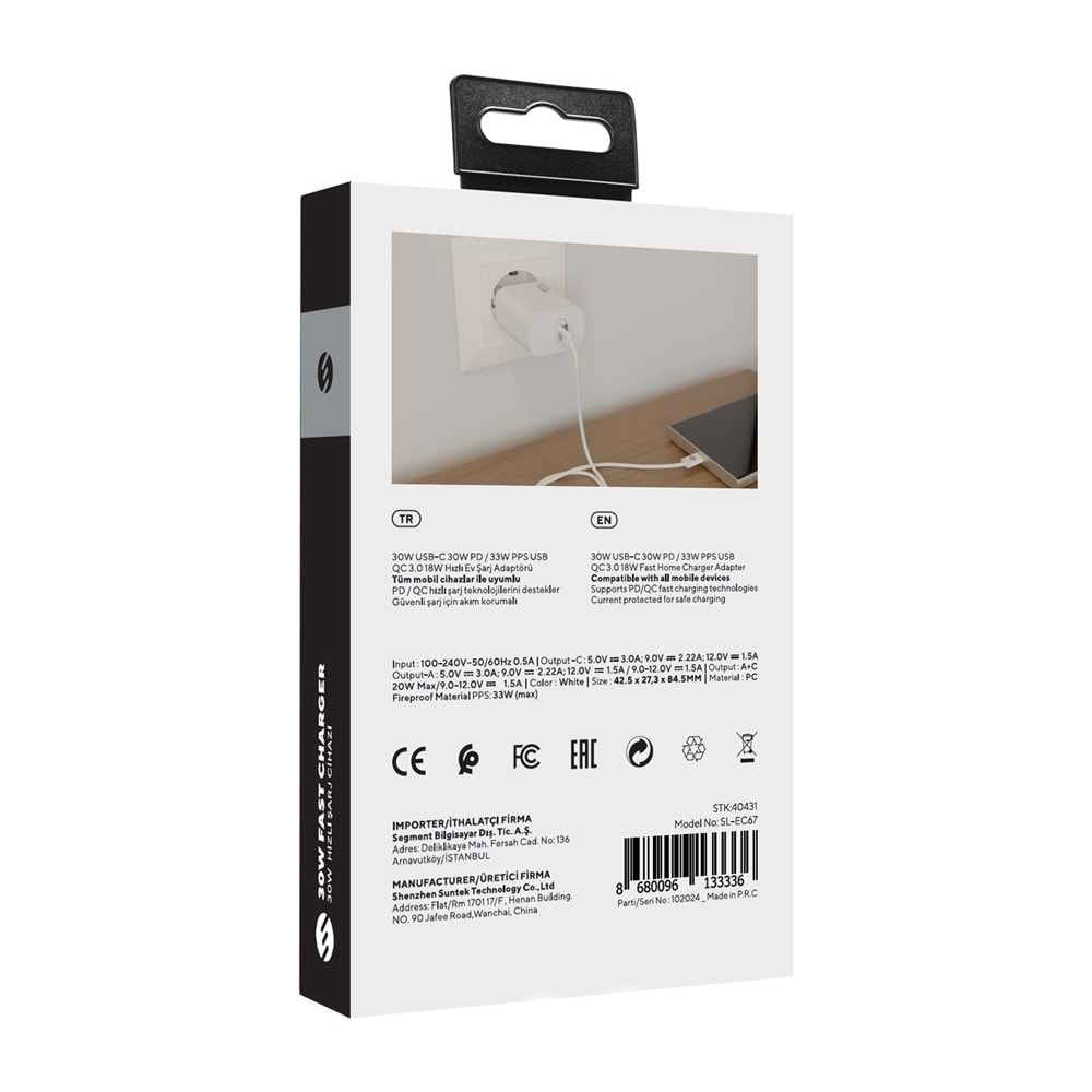 S-link SL-EC67 Type USB-C 30W PD / 33W PPS USB QC 3.0 18W Hızlı Ev Şarj Adaptörü