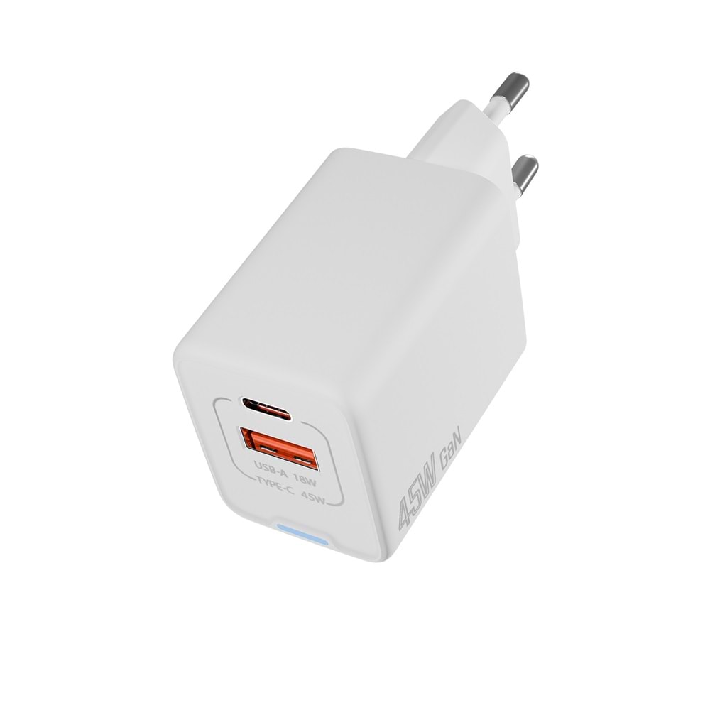 S-link SL-ECG45 Type USB-C 45W PD + 18W USB QC 3.0 GAN Beyaz Hızlı Ev Şarj Adaptörü