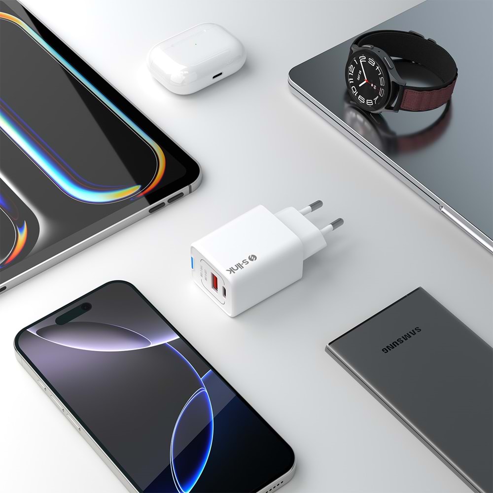 S-link SL-ECG45 Type USB-C 45W PD + 18W USB QC 3.0 GAN Beyaz Hızlı Ev Şarj Adaptörü