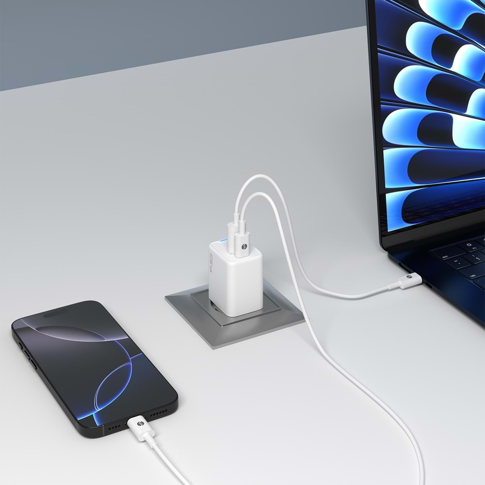S-link SL-ECG45 Type USB-C 45W PD + 18W USB QC 3.0 GAN Beyaz Hızlı Ev Şarj Adaptörü