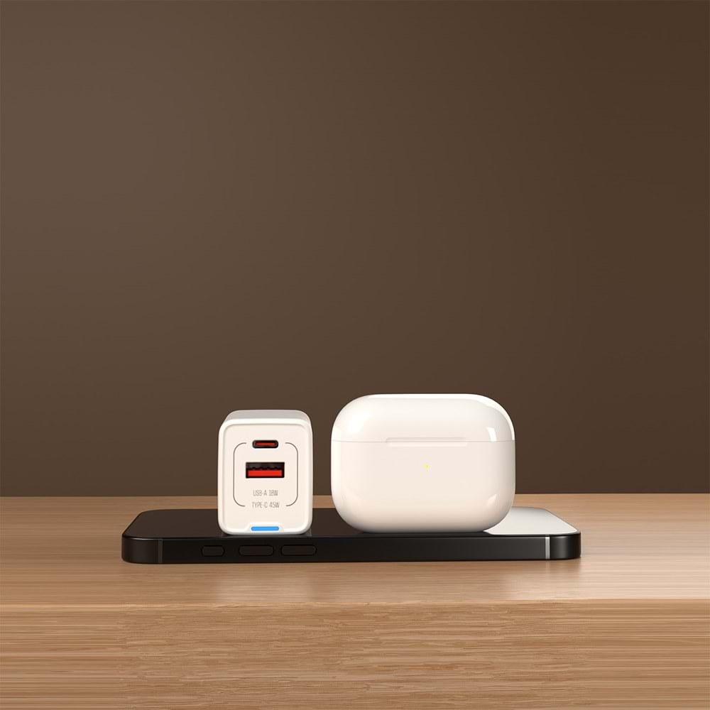 S-link SL-ECG45 Type USB-C 45W PD + 18W USB QC 3.0 GAN Beyaz Hızlı Ev Şarj Adaptörü