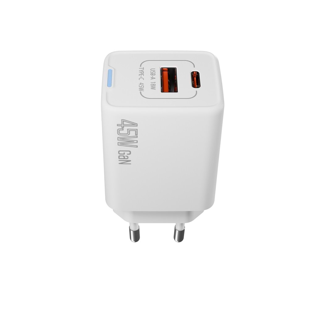 S-link SL-ECG45 Type USB-C 45W PD + 18W USB QC 3.0 GAN Beyaz Hızlı Ev Şarj Adaptörü
