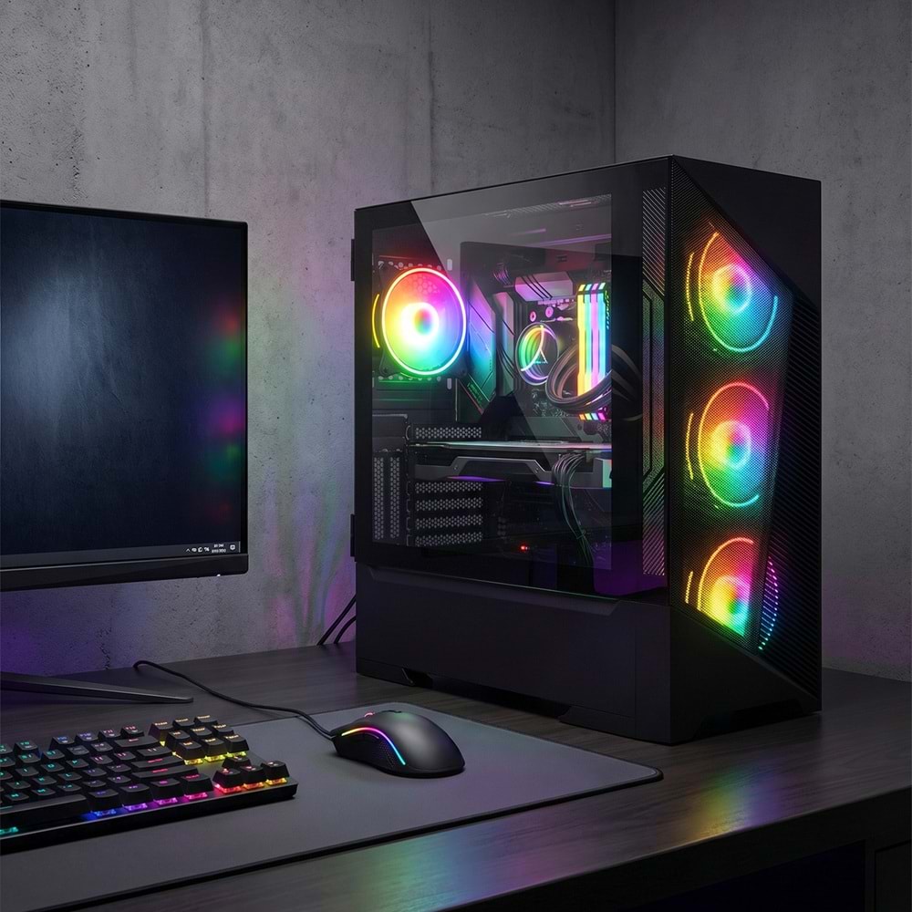 Rampage INSPIRER Mesh 650W 80+ Siyah 4x12cm ARGB Infinity Fan Temperli Camlı Gaming Kasa