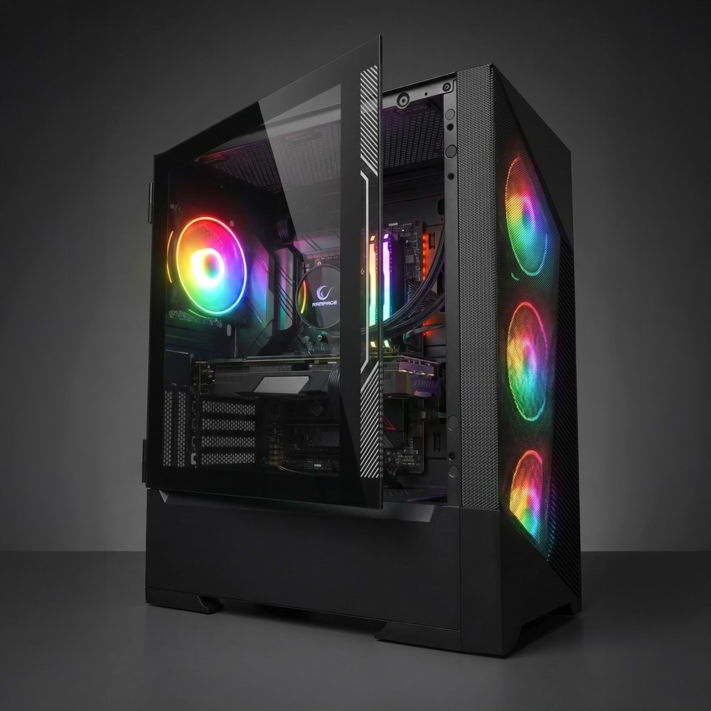 Rampage INSPIRER Mesh 650W 80+ Siyah 4x12cm ARGB Infinity Fan Temperli Camlı Gaming Kasa