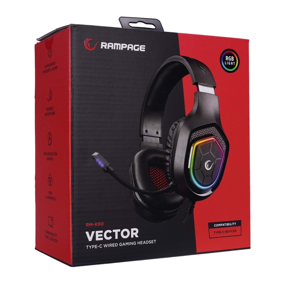 Rampage RM-K90 VECTOR Siyah RGB LED Type-C Gaming Mikrofonlu Oyuncu Kulaklığı