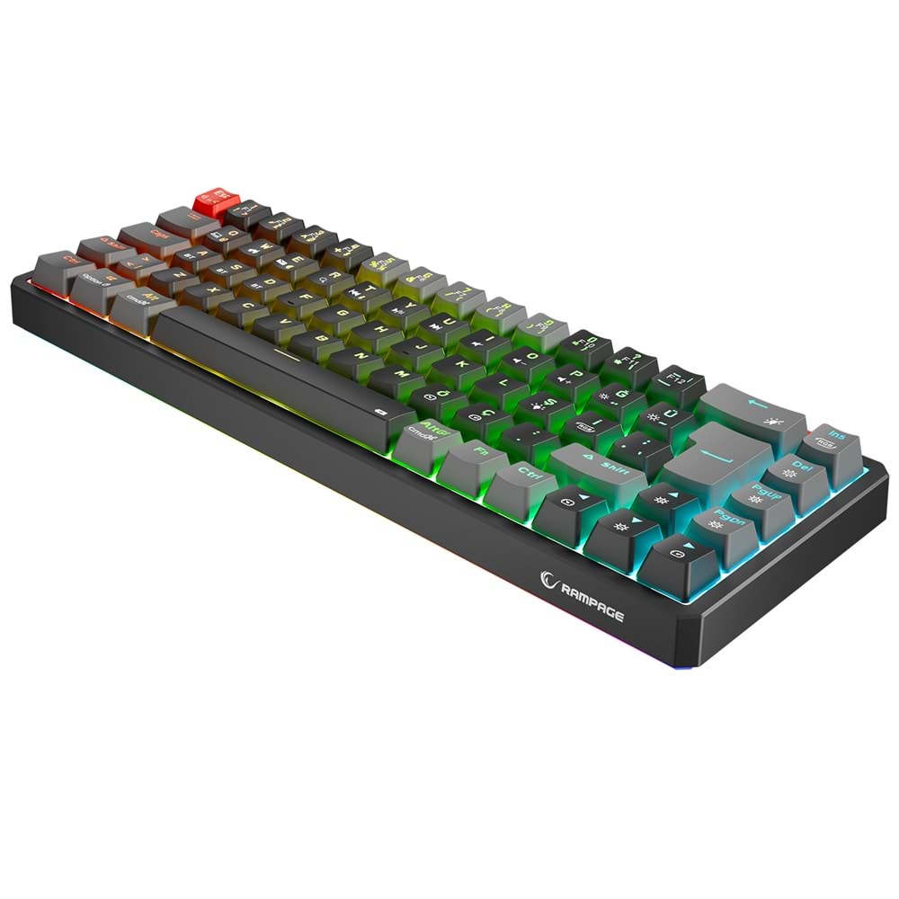 Rampage YORU MINI PRO Siyah/Gri 2.4ghz+BT5.0+Type-C 5 Bağlantı OUTEMU Red Swich Q Kablosuz RGB Mekanik Oyuncu Klavyesi