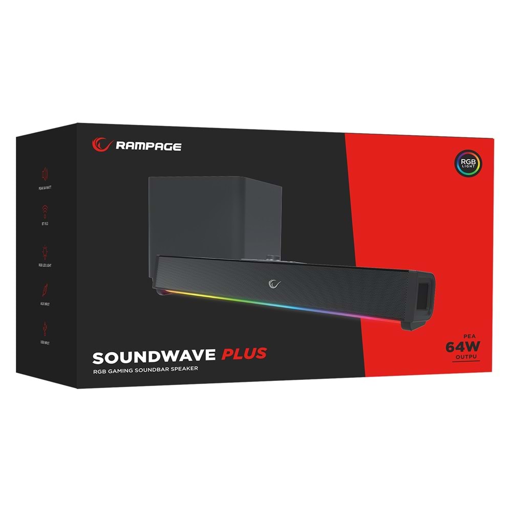 Rampage RM-1 SoundWave Plus Siyah Total 64W 16V/4.06A BT+USB+AUX+TF Kartlı Gaming Soundbar Speaker(Outlet)