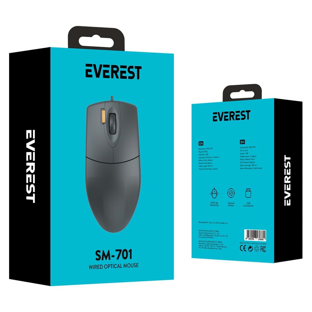 Everest SM-701 Siyah USB Kablolu Optik Mouse 1.8 Metre