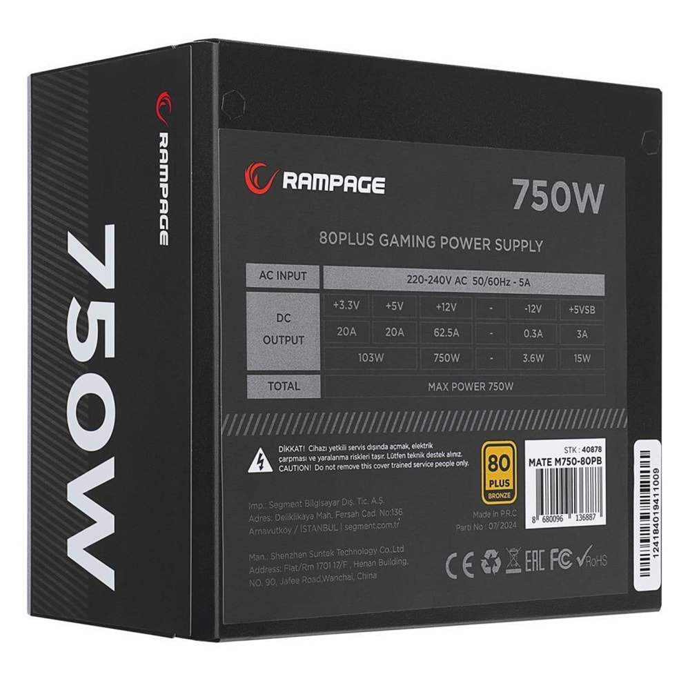 Rampage MATE M750-80PB 750W 12cm Fan Full Modular 80 Plus Bronze Aktif PFC Siyah Power Supply