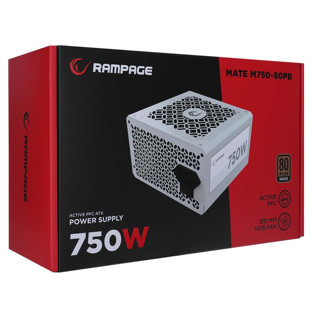 Rampage MATE M750-80PB 750W 12cm Fan Full Modular 80 Plus Bronze Aktif PFC Beyaz Power Supply