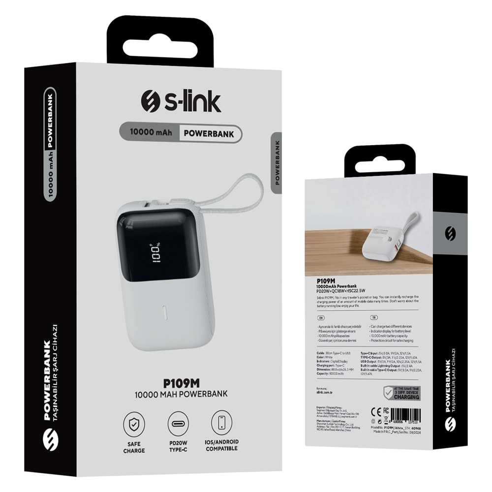 S-link P109M 10000mAh PD20W+QC18W+HSC22.5W Beyaz LCD Taşınabilir Pil Şarj Cihazı Powerbank