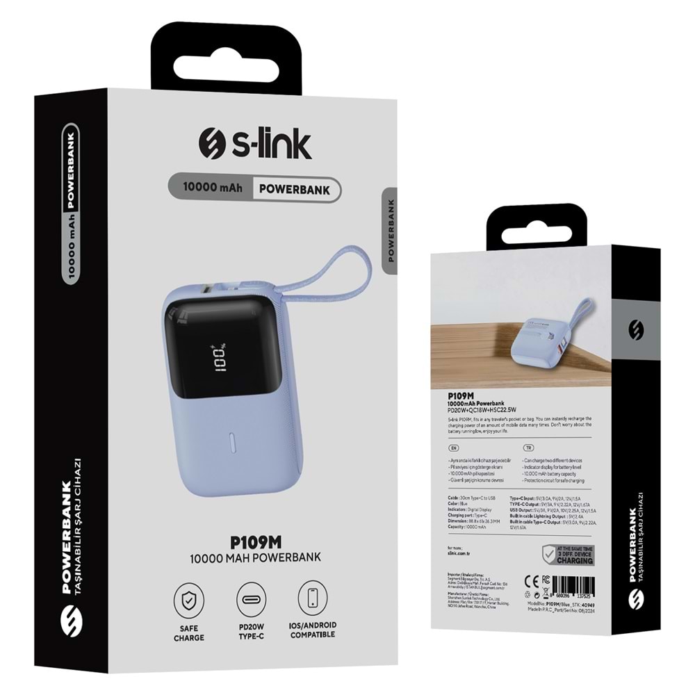 S-link P109M 10000mAh PD20W+QC18W+HSC22.5W Mavi LCD Taşınabilir Pil Şarj Cihazı PowerbankS-link P109M 10000mAh PD20W+QC18W+HSC22.5W Mavi LCD Taşınabilir Pil Şarj Cihazı Powerbank